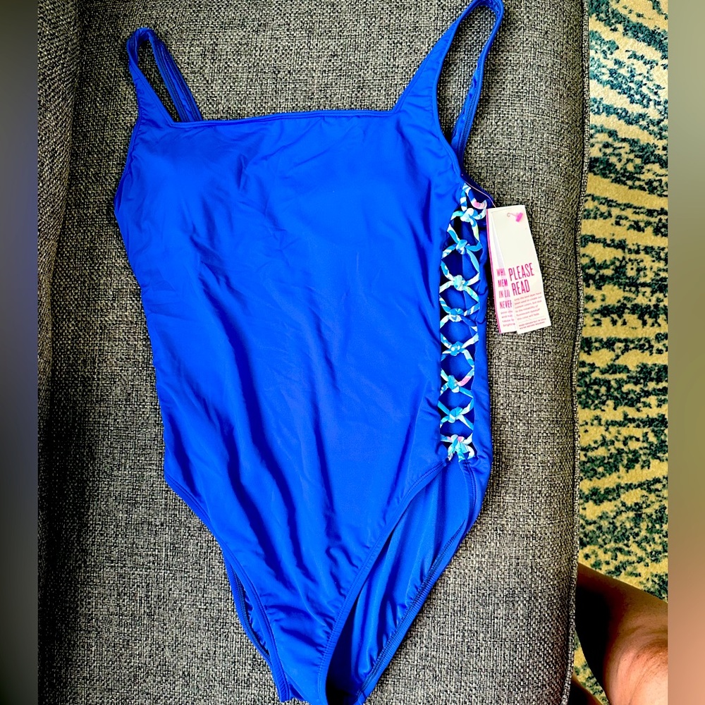 Lilly Pulitzer Morri One Piece Bathing Suit with lattice in corsica blue nwt